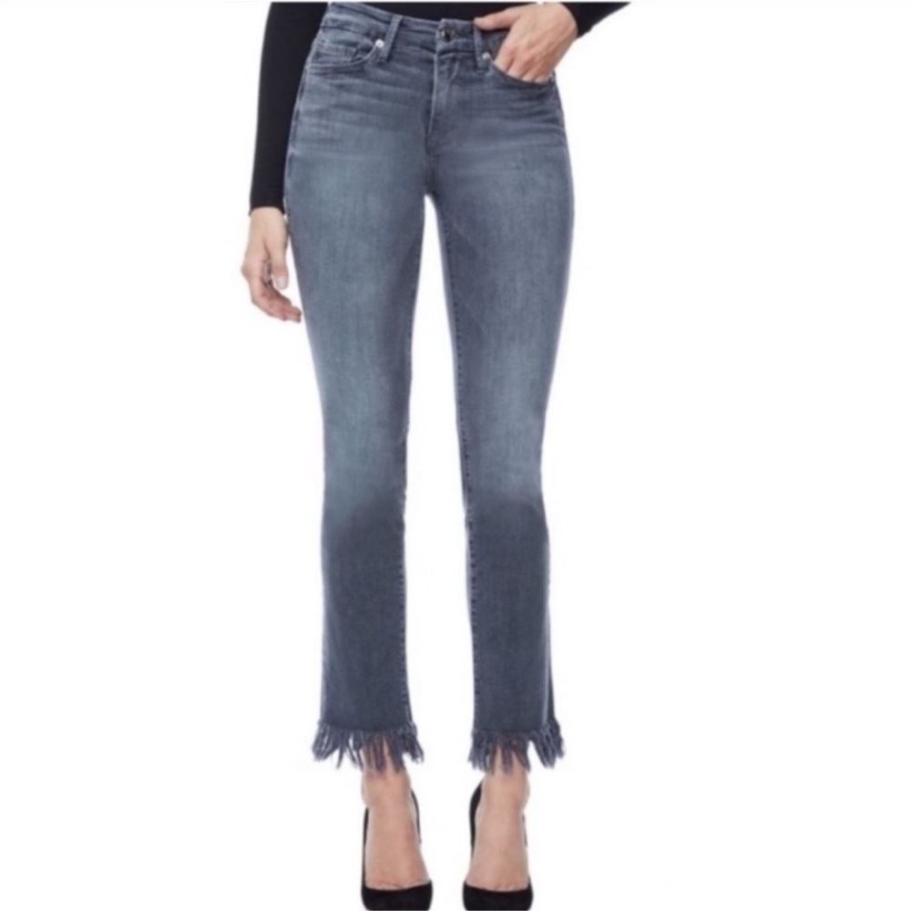 Good American American Straight Leg Crop Fringe Hem Jeans in Gray